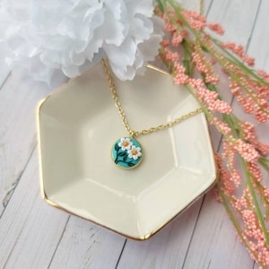 Floral Clay Necklace – Handmade Teal Flower Pendant – Gold Dainty Necklace Gift for Her – Polymer Clay Jewelry – Spring Necklace