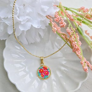 Pink Floral Polymer Clay Pendant Necklace: Gold Chain Cottagecore Jewelry