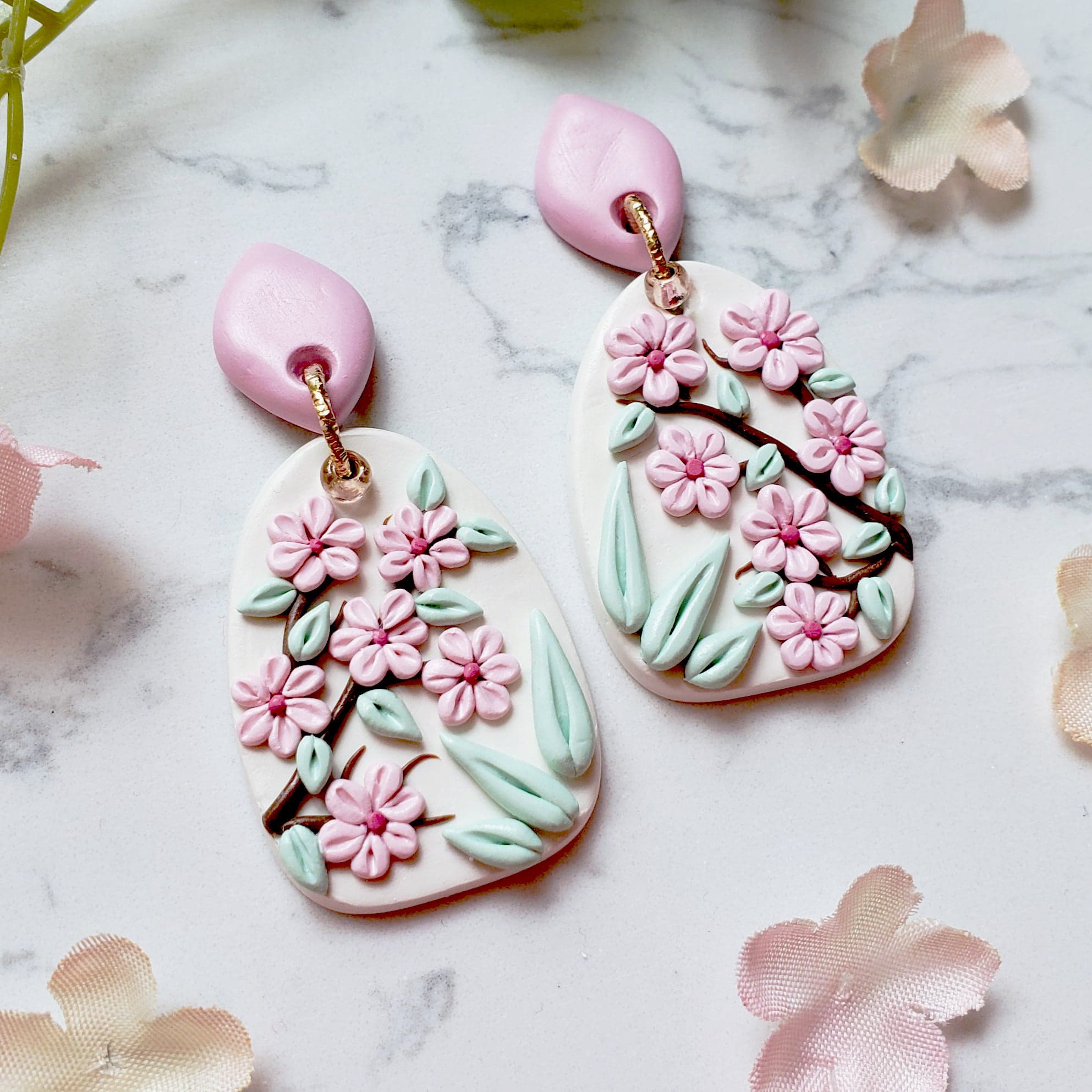 Pink Cherry Blossom Statement Dangle Stud Earrings/ Flower | Etsy