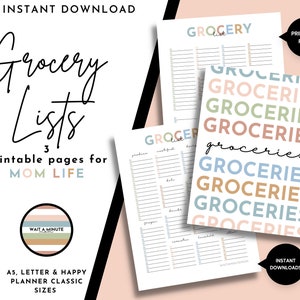 May include: Three printable grocery list pages in A5, Letter, and Happy Planner Classic sizes. The pages feature a simple design with the word "groceries" repeated in various pastel colors.
