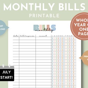 Monthly Bill Tracker Printable JULY START, Monthly Expenses Tracker, Bill Payment Checklist, Printable Bill Payment Log, Instant Download