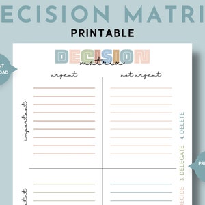 以下が含まれることがあります： カラフルなタイトルと「緊急」「緊急ではない」「重要」「重要ではない」というラベルが付けられた4つの象限を持つ、印刷可能な意思決定マトリックス。各象限には書き込み用の線が付いています。