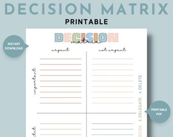 Decision Matrix Printable for Busy Moms, Eisenhower Priority Worksheet, Task Triage, Action Planner, Time Management, Productivity, SAHM