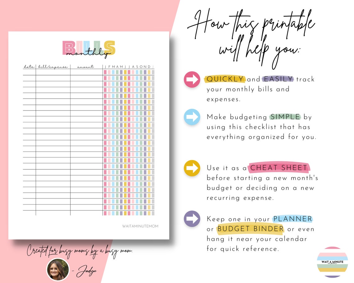 Monthly Bills Checklist Printable, Payments Tracker, Bill Payment