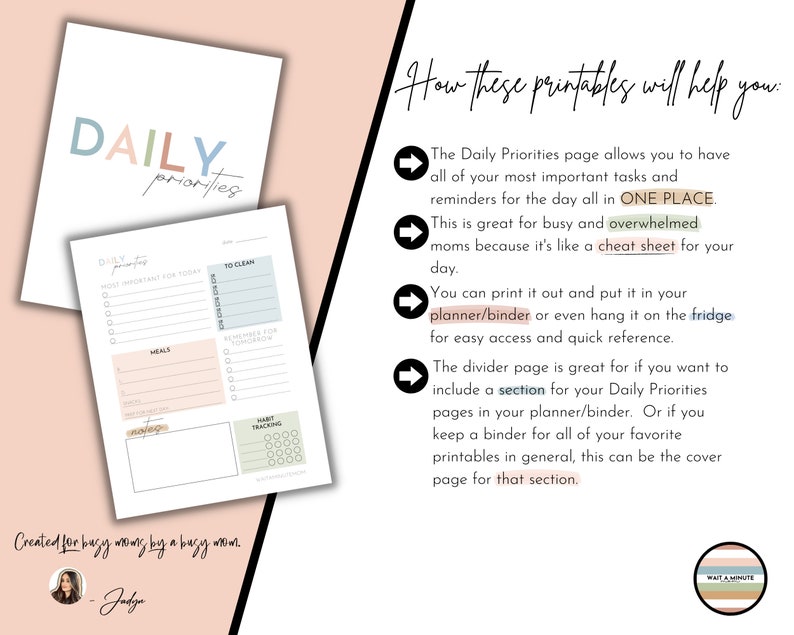 Daily Priorities Printable Page, Daily Agenda for Busy Moms, Daily Tasks Page for Overwhelmed Moms, Daily Overview for Moms, Daily Dashboard image 5