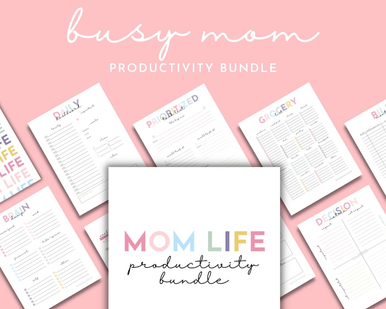 May include: A set of printable productivity planner pages for busy moms. The pages are designed with a colorful, modern aesthetic and include sections for daily tasks, grocery lists, brain dumps, and more.