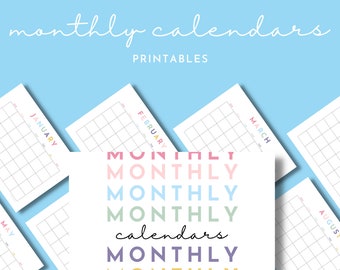 Undated Unlined Blank Monthly Calendar Printables Bundle, Sunday Start, Landscape, Simple Perpetual Calendar, Horizontal Layout, PDF Digital