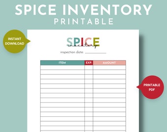 Printable Spice Inventory, Herbs and Spices List, Kitchen Inventory, Food Spices Stock List, Dried Herb Inventory, Seasonings Supply Tracker