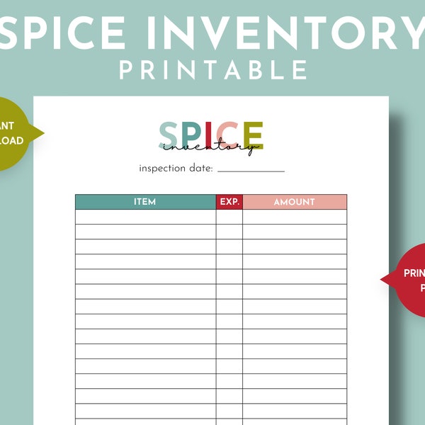 Printable Spice Inventory, Herbs and Spices List, Kitchen Inventory, Food Spices Stock List, Dried Herb Inventory, Seasonings Supply Tracker