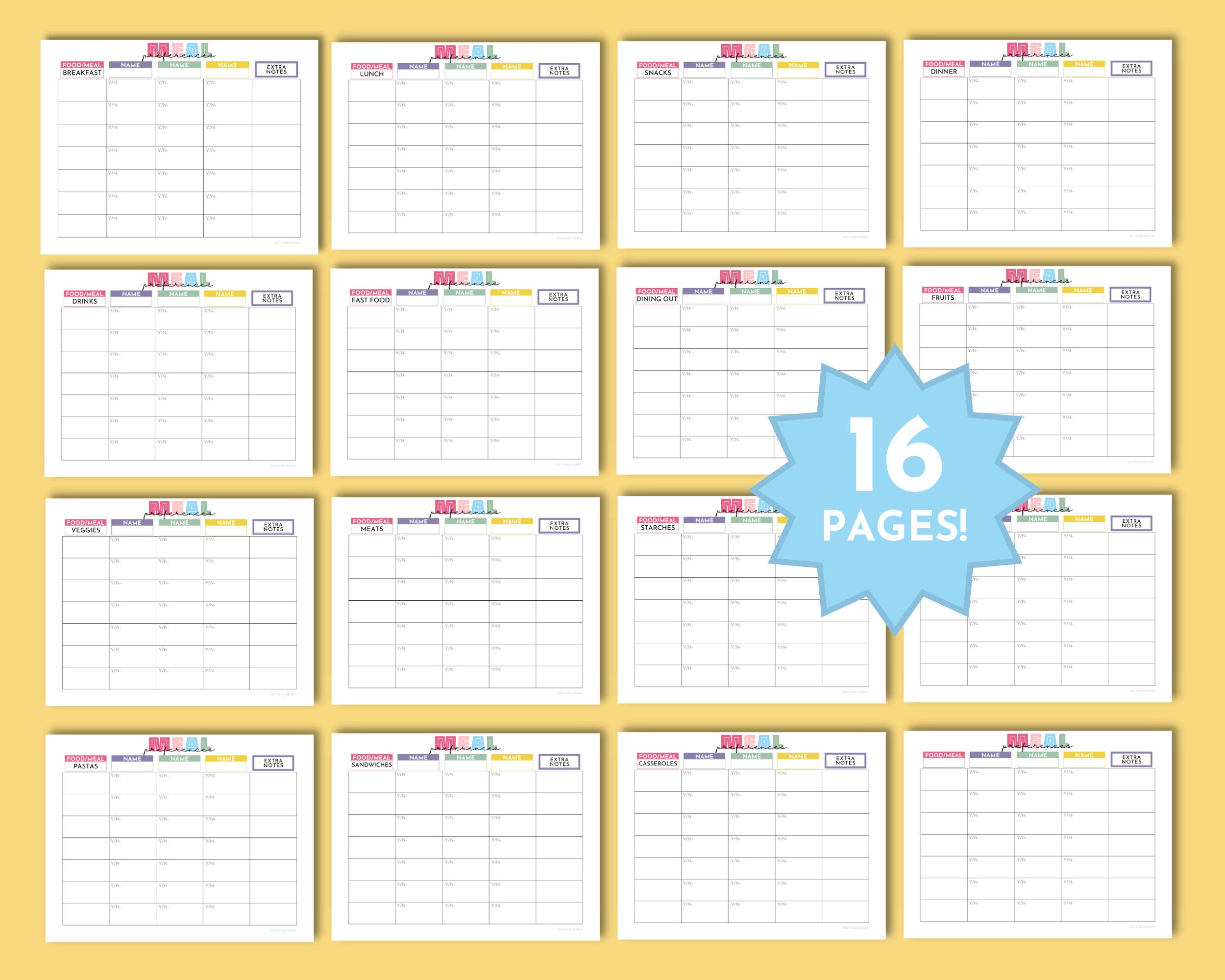 Kids' Meal Preferences Tracker Sheets, Meal Preferences Chart for ...