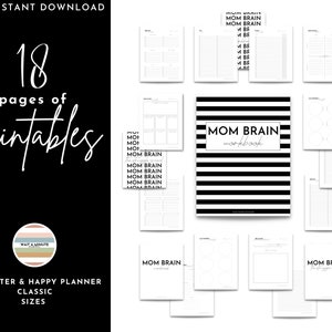 Könnte beinhalten: Ein schwarz-weißes druckbares Arbeitsbuch mit dem Titel "Mom Brain Workbook". Das Arbeitsbuch enthält 18 Seiten mit Druckvorlagen für die Formate A5, Letter und Happy Planner Classic.