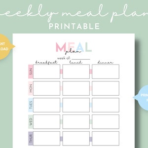 Può includere: Pianificatore di pasti settimanale stampabile con un titolo colorato "MEAL plan". Il pianificatore ha colonne per la colazione, il pranzo e la cena, e righe per ogni giorno della settimana, da domenica a giovedì.