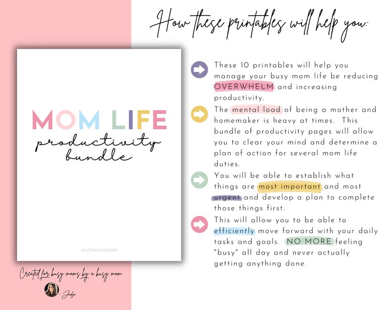 May include: A printable productivity bundle for moms, titled "MOM LIFE productivity bundle". The text describes how the printables can help manage busy mom life, reduce overwhelm, and increase productivity.