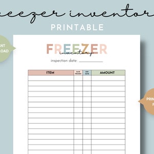 Könnte beinhalten: Druckbare Gefrierschrank-Inventarliste mit Spalten für Artikel, Gefrierdatum, Verfallsdatum und Menge. Der Titel lautet "FREEZER inventory" in bunten Buchstaben.