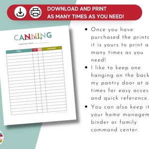 May include: Printable canning inventory checklist with a white background and colorful headers. The checklist includes columns for item, amount, and notes. The text "DOWNLOAD AND PRINT AS MANY TIMES AS YOU NEED!" is at the top of the page.