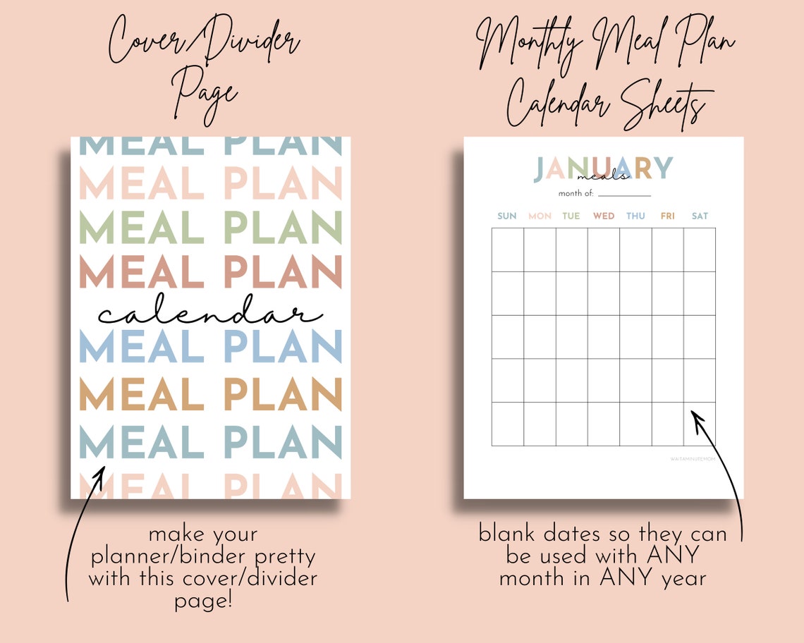 Printable Monthly Meal Plan Calendar Sheets, Monthly Menu Plan, Blank ...