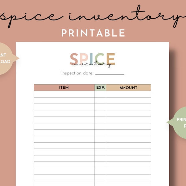 Spice Inventory List Printable, Kitchen Inventory, Food Spices Stock List, Dried Herb Inventory, Seasonings Supply, Homemaker Printables