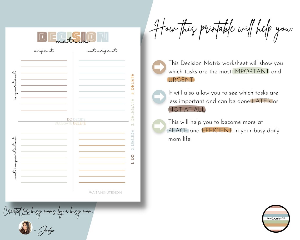 Decision Matrix for Busy Moms Printable, Priority Matrix Worksheet for ...