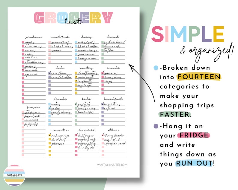 Grocery List Printable With Sections, Organized Grocery Store Checklist, Grocery Store List