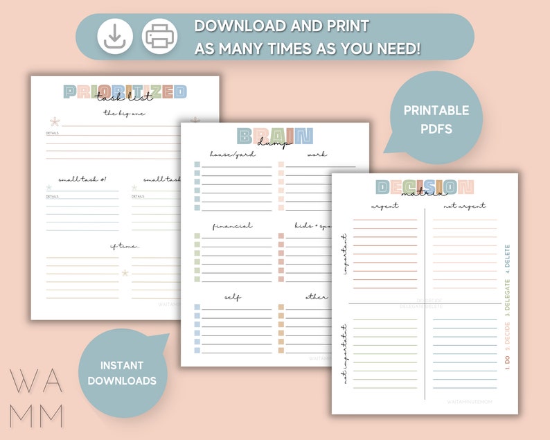Productivity Printables Bundle from WaitAMinuteMom Etsy shop: Brain Dump, Decision Matrix, Prioritized Task List.
3-Step Productivity System