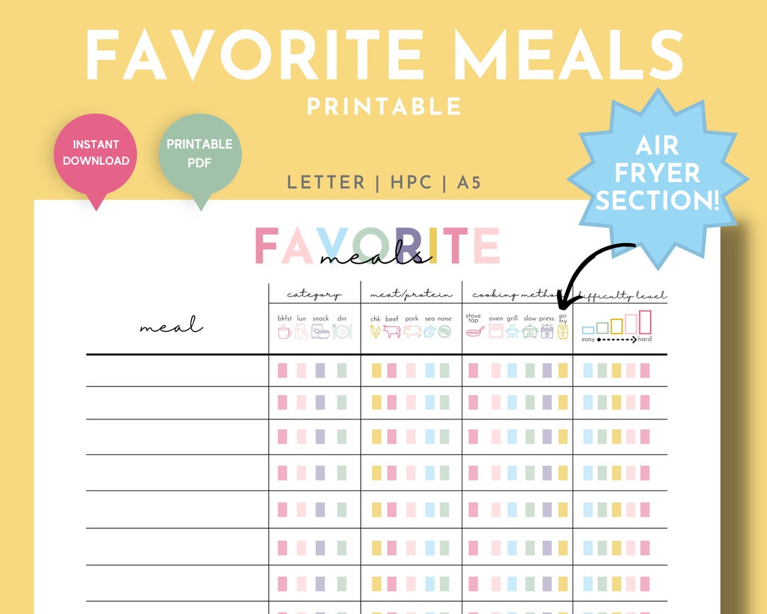 Favorite Meals Printable List With Air Fryer Section, Organized Go to ...