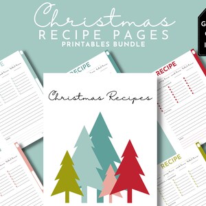 Könnte beinhalten: Druckbare Weihnachtsrezeptseiten mit einem festlichen Design, das eine Gruppe von stilisierten Weihnachtsbäumen in den Farben Grün, Rot, Blau und Rosa zeigt. Der Text "Weihnachtsrezepte" ist in schwarzer Kursivschrift geschrieben.