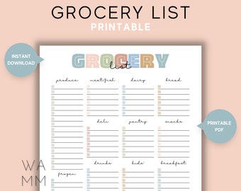 Grocery List Printable, Grocery Shopping List with Categories, Weekly Food Shopping, Printable Grocery Checklist, Digital Download, Bank PDF