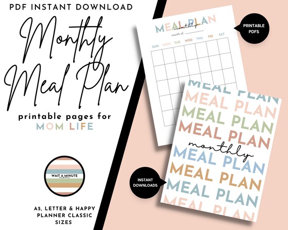 Monthly Meal Plan Printable Meal Plan Calendar Monthly Menu - Etsy