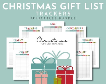 May include: Printable Christmas gift list trackers for family, friends, coworkers, teachers, kids, charity, and spouse. The trackers include columns for name, gift, price, store, and bought. The printable trackers are decorated with colorful gift boxes.