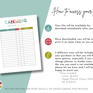 May include: A printable canning inventory checklist with the words "Canning Inventory" in colorful letters. The checklist has columns for "Item" and "Amount". The text "See description for more details on downloading and printing." is at the bottom of the page.