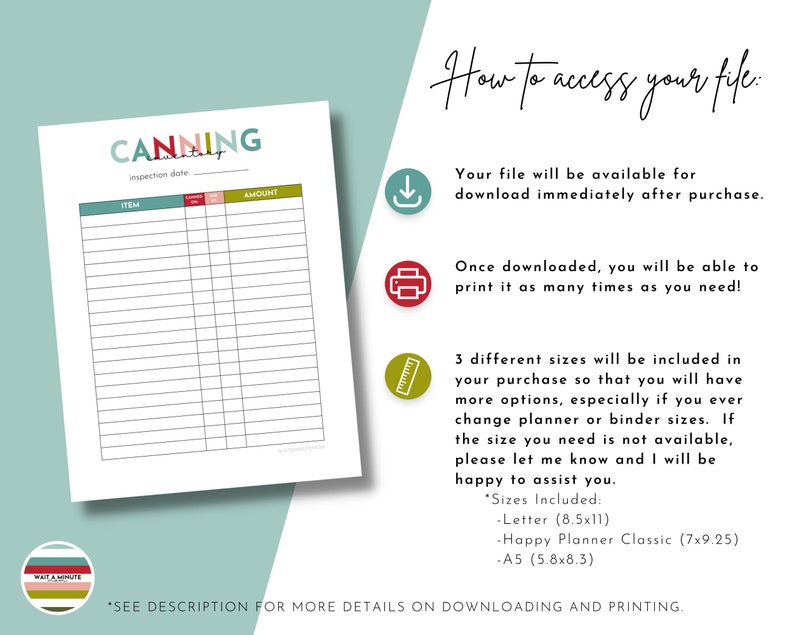 May include: A printable canning inventory checklist with the words "Canning Inventory" in colorful letters. The checklist has columns for "Item" and "Amount". The text "See description for more details on downloading and printing." is at the bottom of the page.
