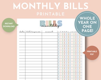 Monthly Bill Tracker Printable, Bill Payment Tracker, Bill Payment Checklist, Printable Bill Payment Log, Instant Download, Digital, PDF