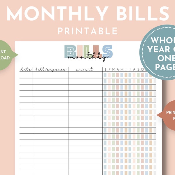 Monthly Bill Tracker Printable Etsy