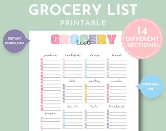 Grocery List Printable with Sections, Organized Grocery Store Checklist, Grocery Store List, Weekly Grocery Shopping, Meal Planning Binder