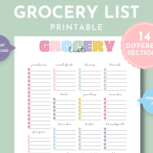 Grocery List Printable with Sections, Organized Grocery Store Checklist, Grocery Store List, Weekly Grocery Shopping, Meal Planning Binder
