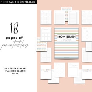 Könnte beinhalten: Ein druckbares Arbeitsbuch mit 18 Seiten für Mütter. Der Umschlag zeigt ein gestreiftes Design in Rosa, Blau und Grün mit dem Text "MOM BRAIN workbook". Die Seiten enthalten Checklisten, Zielsetzungsblätter und andere Organisationswerkzeuge.