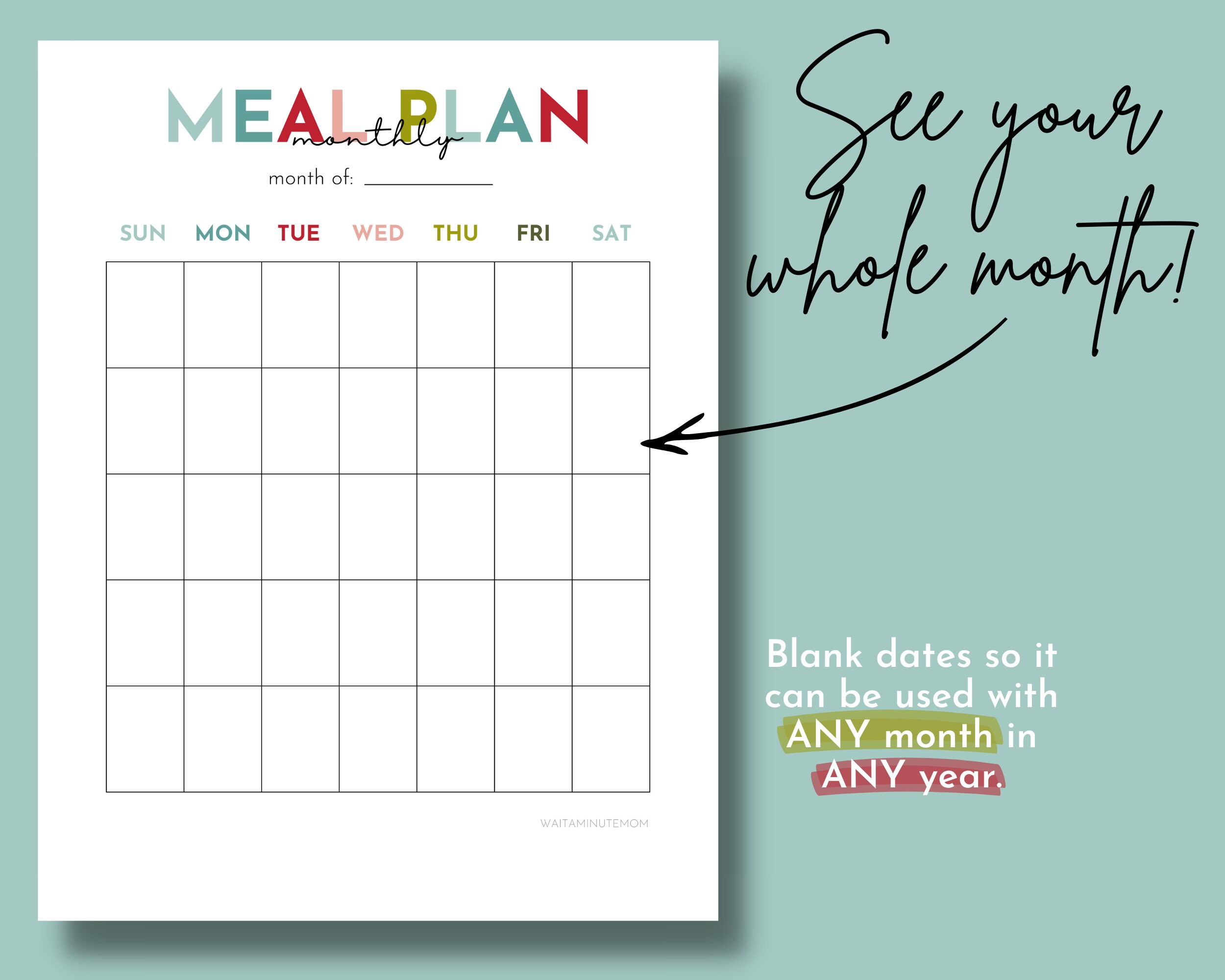 Printable Monthly Meal Plan, Meal Plan Calendar, Monthly Menu Plan ...