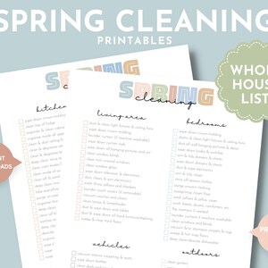 May include: Printable checklist for spring cleaning with sections for the kitchen, living area, bedrooms, vehicles, and outdoors. The checklist is in a light pink and green colour scheme with a light blue background.