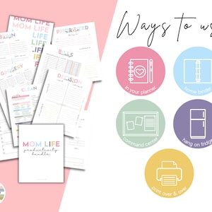 May include: A printable productivity bundle for moms, featuring checklists and trackers for brain dump, grocery lists, cleaning, bills, decisions, and prioritized tasks. The bundle includes a title page with the text "MOM LIFE productivity bundle". The image also shows different ways to use the printable sheets, such as in a planner, home binder, command center, on the fridge, or printed over and over.