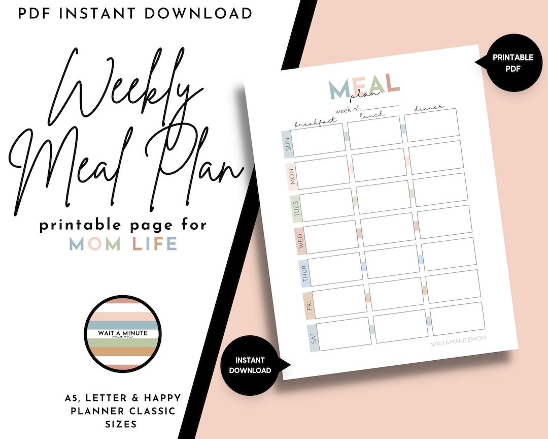Printable Weekly Meal Plan, Weekly Menu Plan Chart, Meal Planner, Meals ...