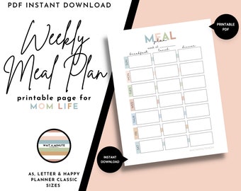 Printable Weekly Meal Plan, Weekly Menu Plan Chart, Meal Planner, Meals for the Week, Weekly Family Menu Printable, Menu for the Week, PDF