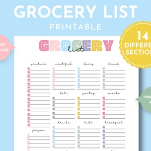Simple Grocery Shopping Checklist with Sections, Organized Grocery Store list, Weekly Food Shopping List, Grocery Planner, Supermarket List