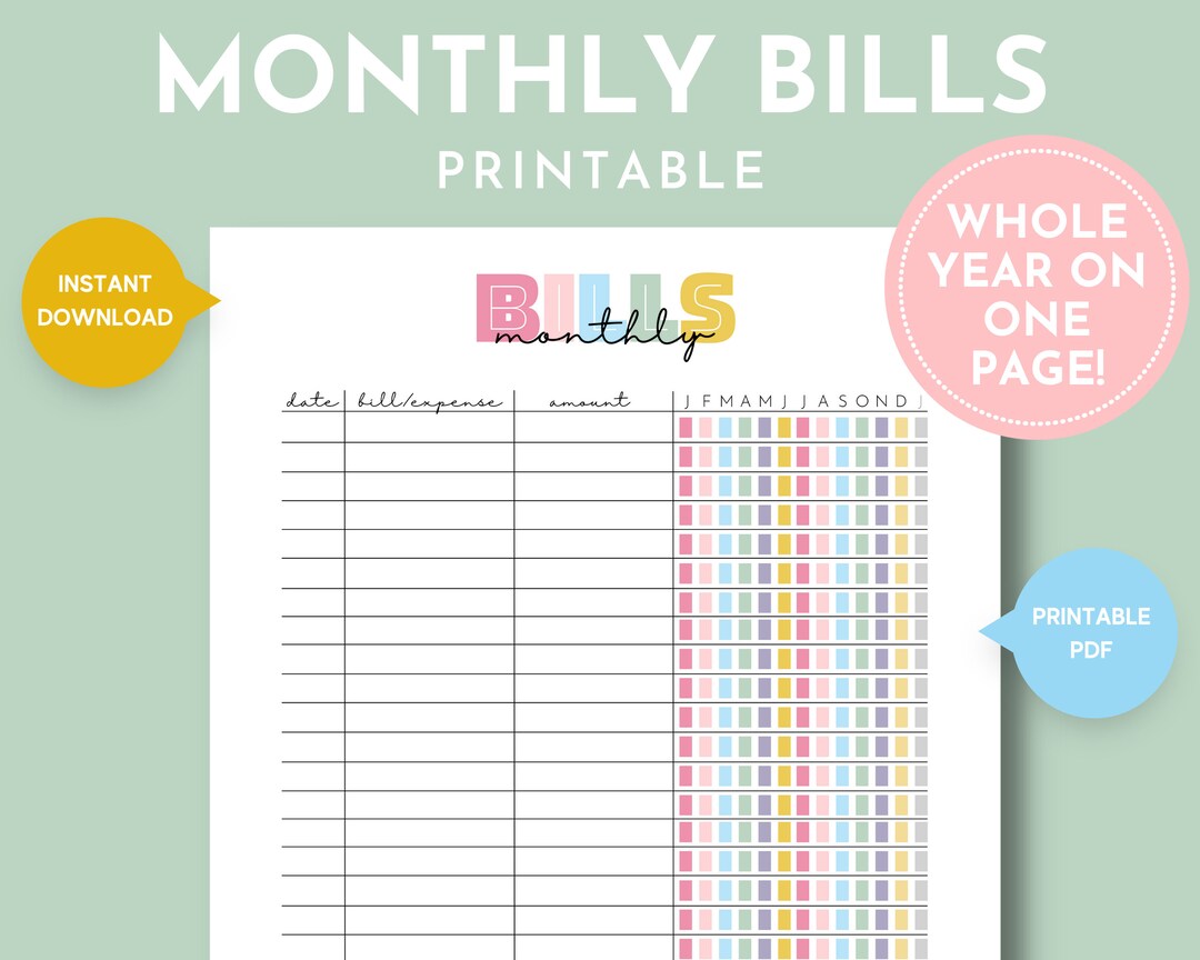 Monthly Bills Tracker Sheet, Printable Bills Tracker, Bill Payment ...