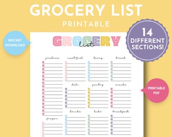 Grocery Planning List Printable with Sections, Organized Grocery Store Checklist, Grocery Store List, Food Shopping List, Meal Planner Page