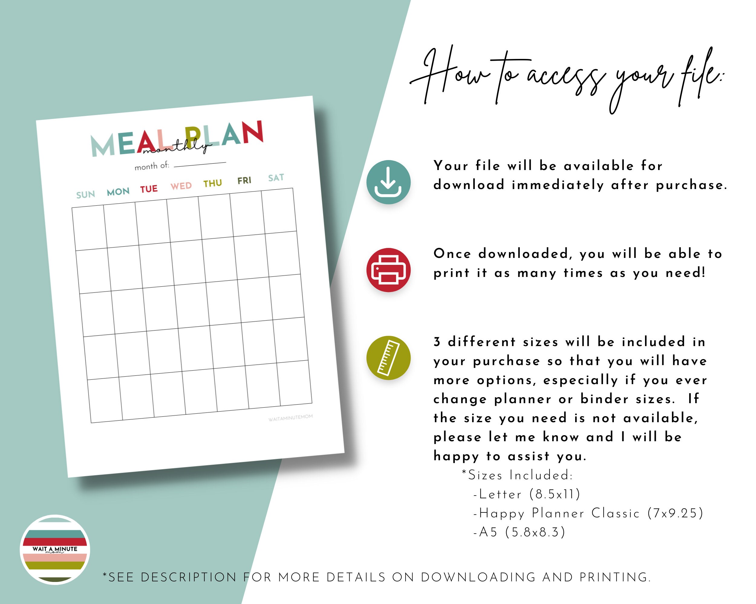 Printable Monthly Meal Plan, Meal Plan Calendar, Monthly Menu Plan ...