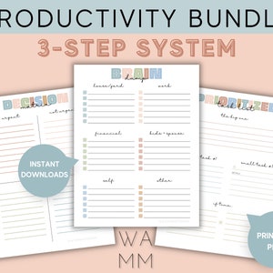 Productivity Printables Bundle from WaitAMinuteMom Etsy shop: Brain Dump, Decision Matrix, Prioritized Task List.
3-Step Productivity System
