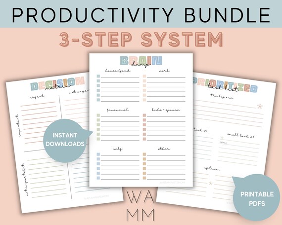 Productivity Printable Bundle, Brain Dump, Decision Matrix, Prioritized To Do List, Busy Mom Productivity, Time Management, Digital Download