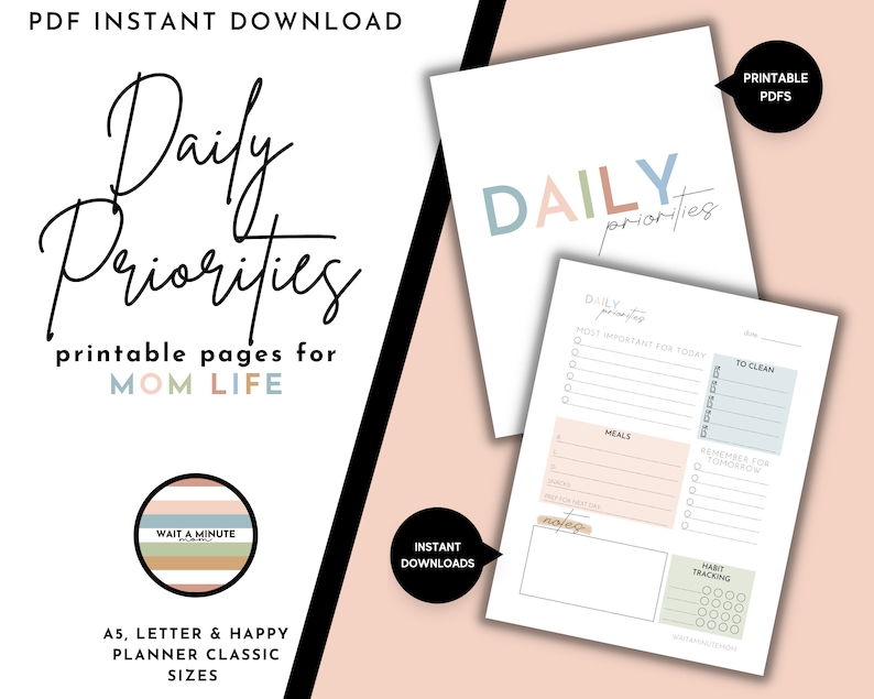 Daily Priorities Printable Page, Daily Agenda for Busy Moms, Daily Tasks Page for Overwhelmed Moms, Daily Overview for Moms, Daily Dashboard image 1