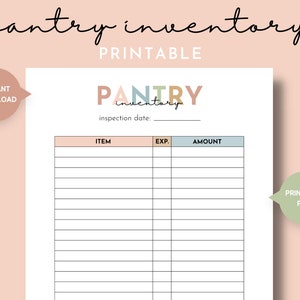 Può includere: Lista di inventario della dispensa stampabile con un titolo colorato "PANTRY inventory". La lista ha colonne per l'articolo, la data di scadenza e la quantità.