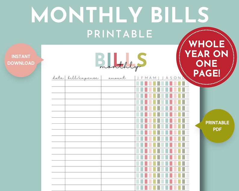 Monthly Bill Tracker Printable, Bill Payment Tracker, Bill Payment Checklist, Printable Bill Payment Log, Monthly Budget Sheet, Bill Pay Log image 1